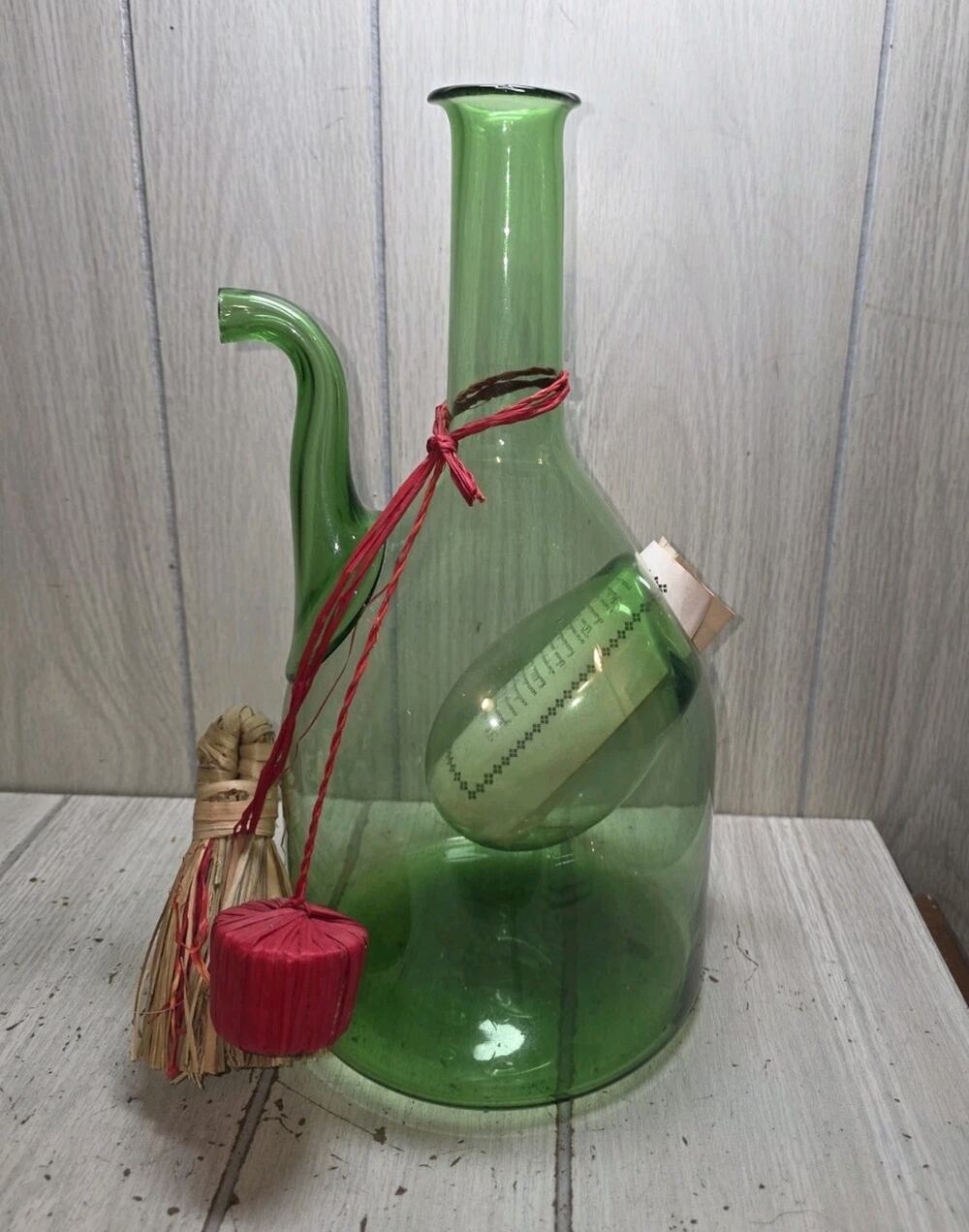 Vintage Hand Blown Italian Green Glass Wine Decanter With Ice Chamber New